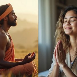 An Indian man practicing meditation and an American woman practicing mindfulness depicts the origin of mindfulness meditation