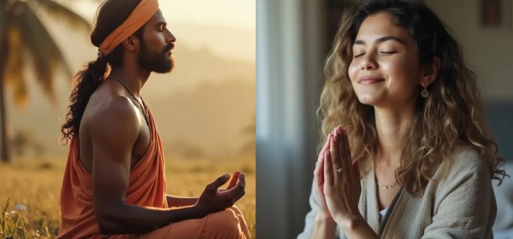 An Indian man practicing meditation and an American woman practicing mindfulness depicts the origin of mindfulness meditation