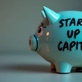 A blue ceramic piggy bank with "START-UP CAPITAL" written on the side illustrates capital for a new business