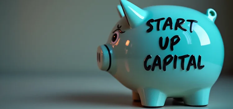 A blue ceramic piggy bank with "START-UP CAPITAL" written on the side illustrates capital for a new business