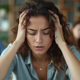 A stressed woman at work with her eyes closed and her head in her hands illustrates the question, "What is grind culture?"