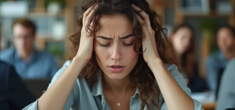 A stressed woman at work with her eyes closed and her head in her hands illustrates the question, "What is grind culture?"