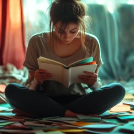 A stressed woman studying with flashcards all around her, with her adhd impairments making it harder