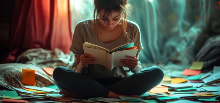 A stressed woman studying with flashcards all around her, with her adhd impairments making it harder