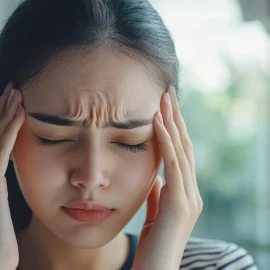 A woman holding the temples of her forehead, feeling the effects of stress on telomeres