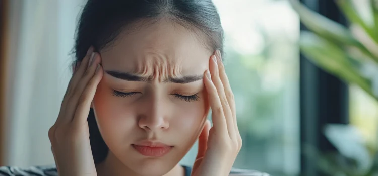 A woman holding the temples of her forehead, feeling the effects of stress on telomeres