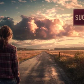 A woman looking down a road with a sign that says "SUCCESS," wondering how to be a successful person in life