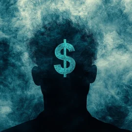 A silhouette of a man's head with a successful mindset, represented by a dollar sign against blue and black smoke