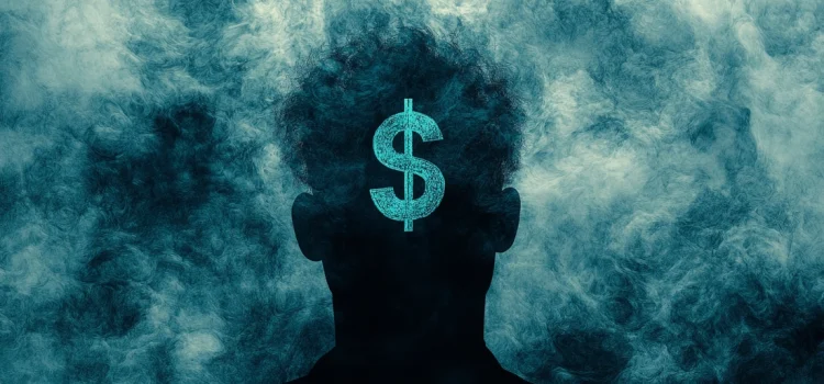 A silhouette of a man's head with a successful mindset, represented by a dollar sign against blue and black smoke