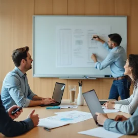 Five professionals working in a conference room with a white board are running a business model test