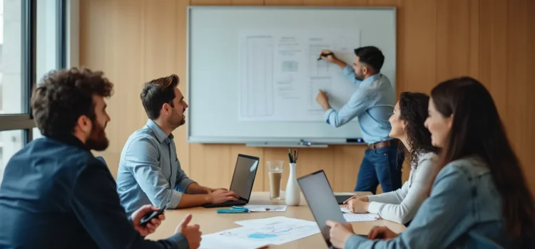 Five professionals working in a conference room with a white board are running a business model test