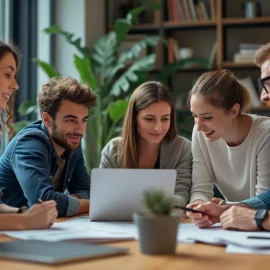 A team of people working together on a project with a laptop on a table illustrates how to keep your team motivated