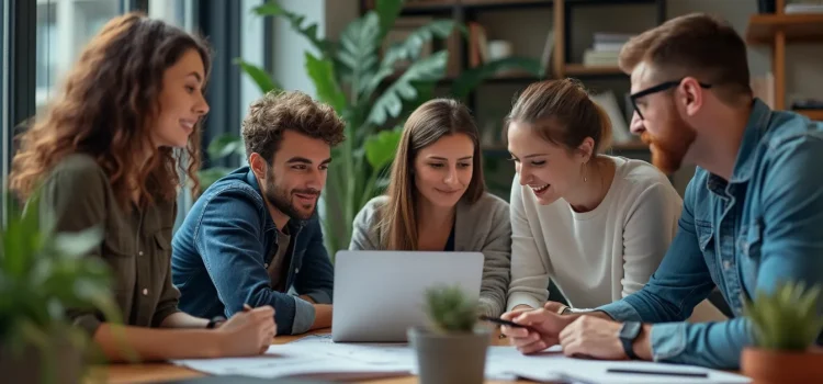 A team of people working together on a project with a laptop on a table illustrates how to keep your team motivated