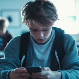 A young teenage boy looking at his phone in the classroom as a representation of technology addiction in youth