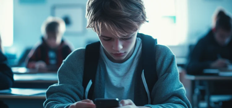 A young teenage boy looking at his phone in the classroom as a representation of technology addiction in youth