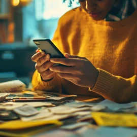 A woman texting on her phone instead of doing paperwork on her desk, showing why it's so hard to be disciplined