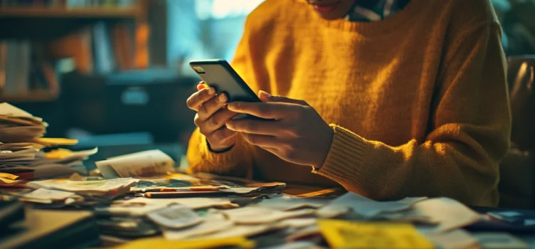 A woman texting on her phone instead of doing paperwork on her desk, showing why it's so hard to be disciplined