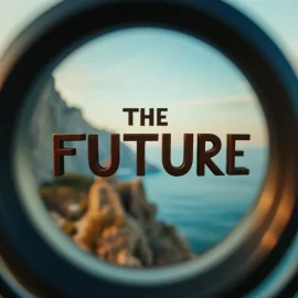 The words "THE FUTURE" seen through a telescope illustrates the question, What is the future of humanity?