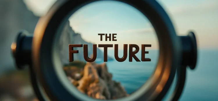 The words "THE FUTURE" seen through a telescope illustrates the question, What is the future of humanity?