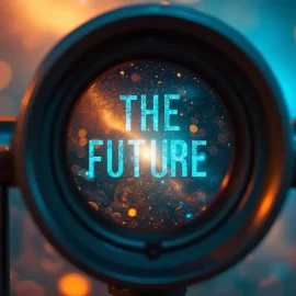 The words "THE FUTURE" seen in the lens of a telescope illustrates predictions about the future world order