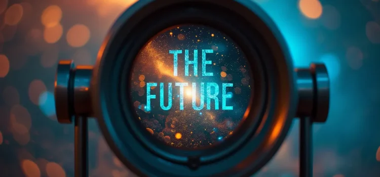 The words "THE FUTURE" seen in the lens of a telescope illustrates predictions about the future world order