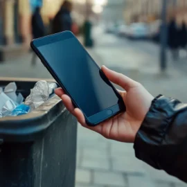 A phone being thrown in the trash as a way to prevent technology addiction