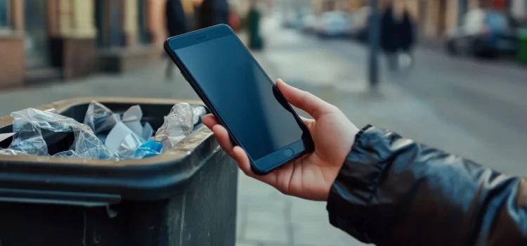 A phone being thrown in the trash as a way to prevent technology addiction