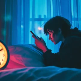 A teenager on their phone at night, ignoring their alarm clock, showing time blindness in adhd