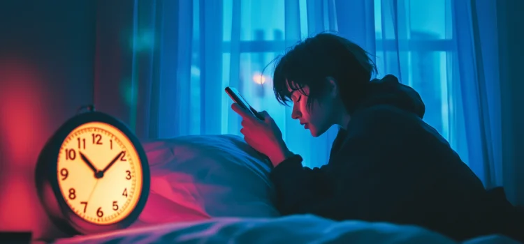 A teenager on their phone at night, ignoring their alarm clock, showing time blindness in adhd