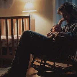 A tired father holding his crying baby in a rocking chair, trying to figure out how to get his infant to sleep through the night