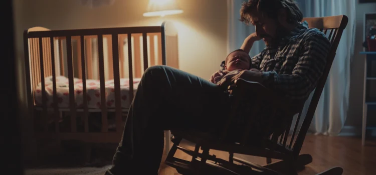 A tired father holding his crying baby in a rocking chair, trying to figure out how to get his infant to sleep through the night