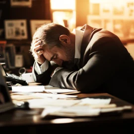 A tired man in a suit who is leaning on his desk which has photos of his family on it, he is sabotaging his happiness