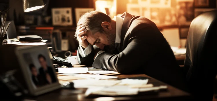 A tired man in a suit who is leaning on his desk which has photos of his family on it, he is sabotaging his happiness