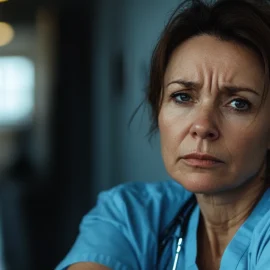 A female middle-aged nurse who is sitting in a hospital hallway and looks tired from working too much