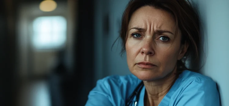 A female middle-aged nurse who is sitting in a hospital hallway and looks tired from working too much