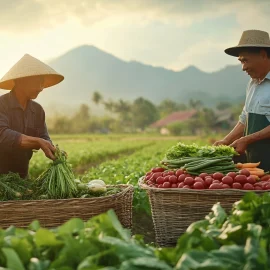 Two farmers exchanging fruits and vegetables, and showing the importance of trade in agriculture