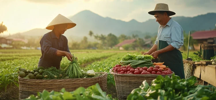 Two farmers exchanging fruits and vegetables, and showing the importance of trade in agriculture