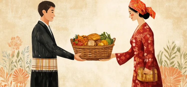 Two people representing the trade vs. aid debate by exchanging food