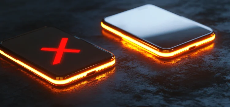 Two cellphones sitting on a desk, one of them with a red X on it, showing the double-edged sword of technology