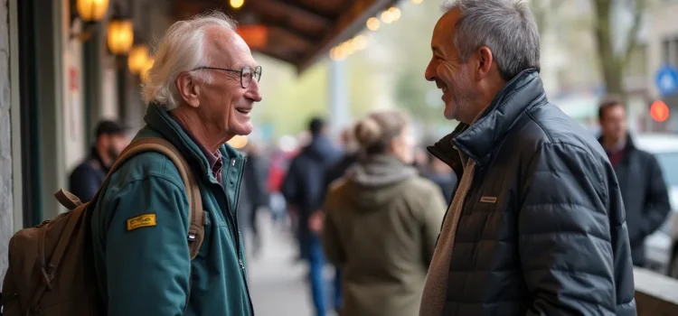 Two older men meeting on a busy sidewalk illustrate how to make a good impression on people