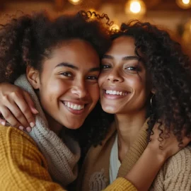 Two smiling women with curly black hair putting their arms around each other illustrate how to appreciate people