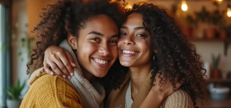 Two smiling women with curly black hair putting their arms around each other illustrate how to appreciate people