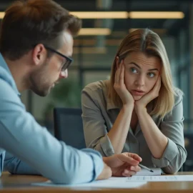 A woman who lacks confidence listening to her male supervisor at work illustrates women in a patriarchal society