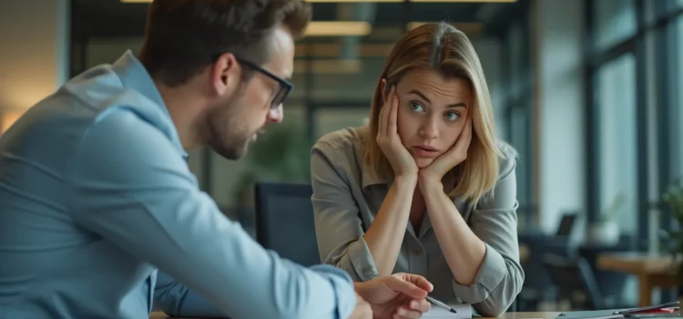 A woman who lacks confidence listening to her male supervisor at work illustrates women in a patriarchal society