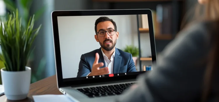 A woman conducting a virtual customer interview on her laptop with a bearded man wearing glasses