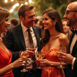 Two men and two women chatting at a swanky cocktail party illustrates the question, "Do rich people have friends?"