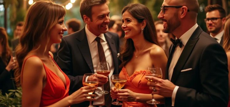 Two men and two women chatting at a swanky cocktail party illustrates the question, "Do rich people have friends?"