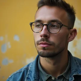 A white man with a light beard and spiky hair wearing a denim jacket illustrates the notion of the mediocre white male