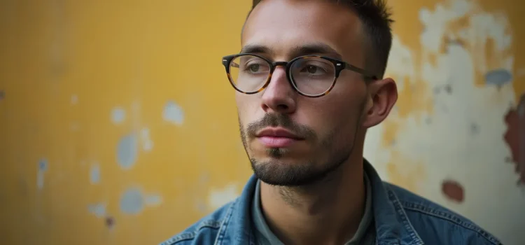 A white man with a light beard and spiky hair wearing a denim jacket illustrates the notion of the mediocre white male