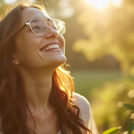 A smiling woman with glasses looking up in the sunlight depicts the link between circadian rhythm and light exposure